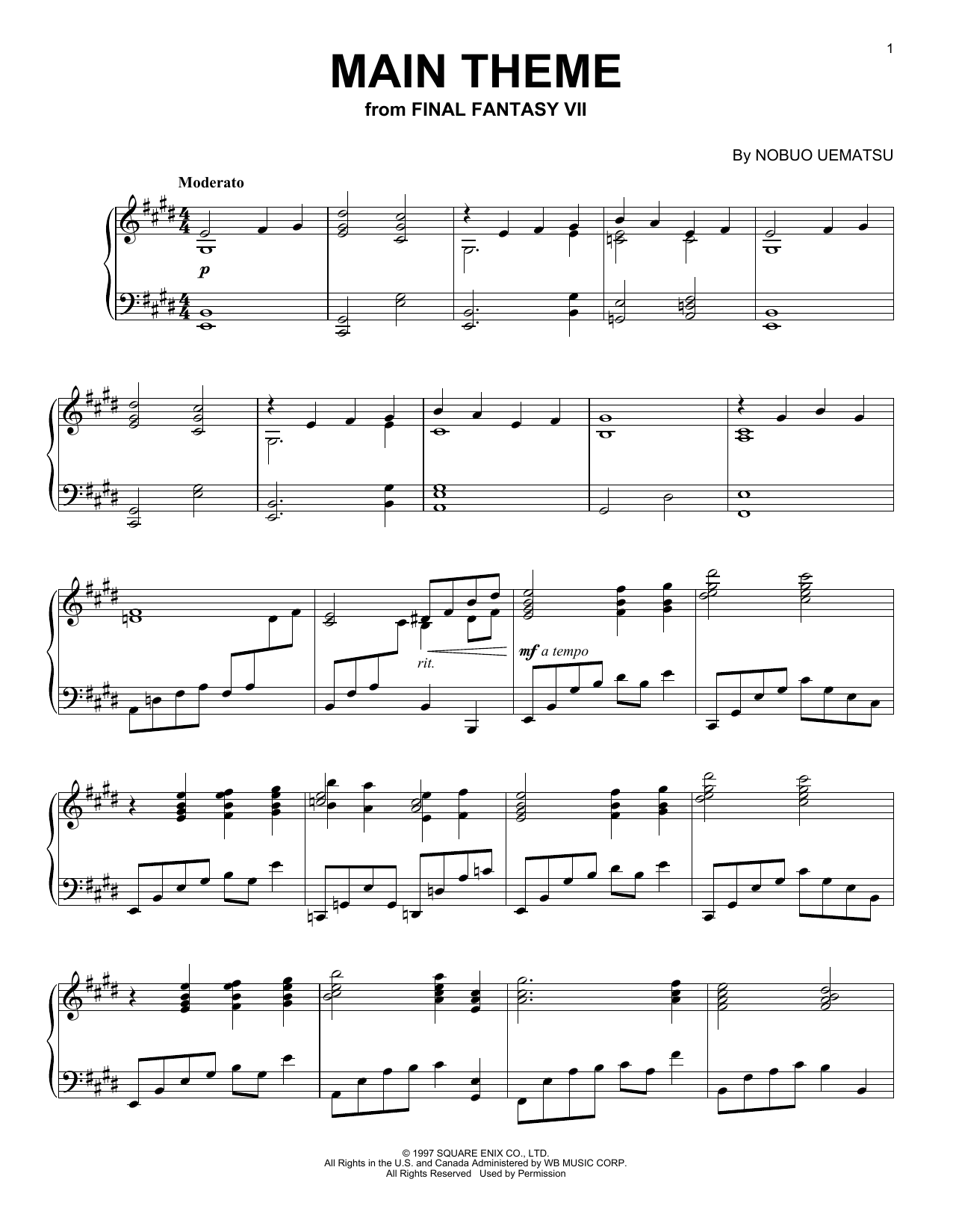 Nobuo Uematsu Main Theme (from Final Fantasy VII) sheet music notes and chords arranged for Piano Solo