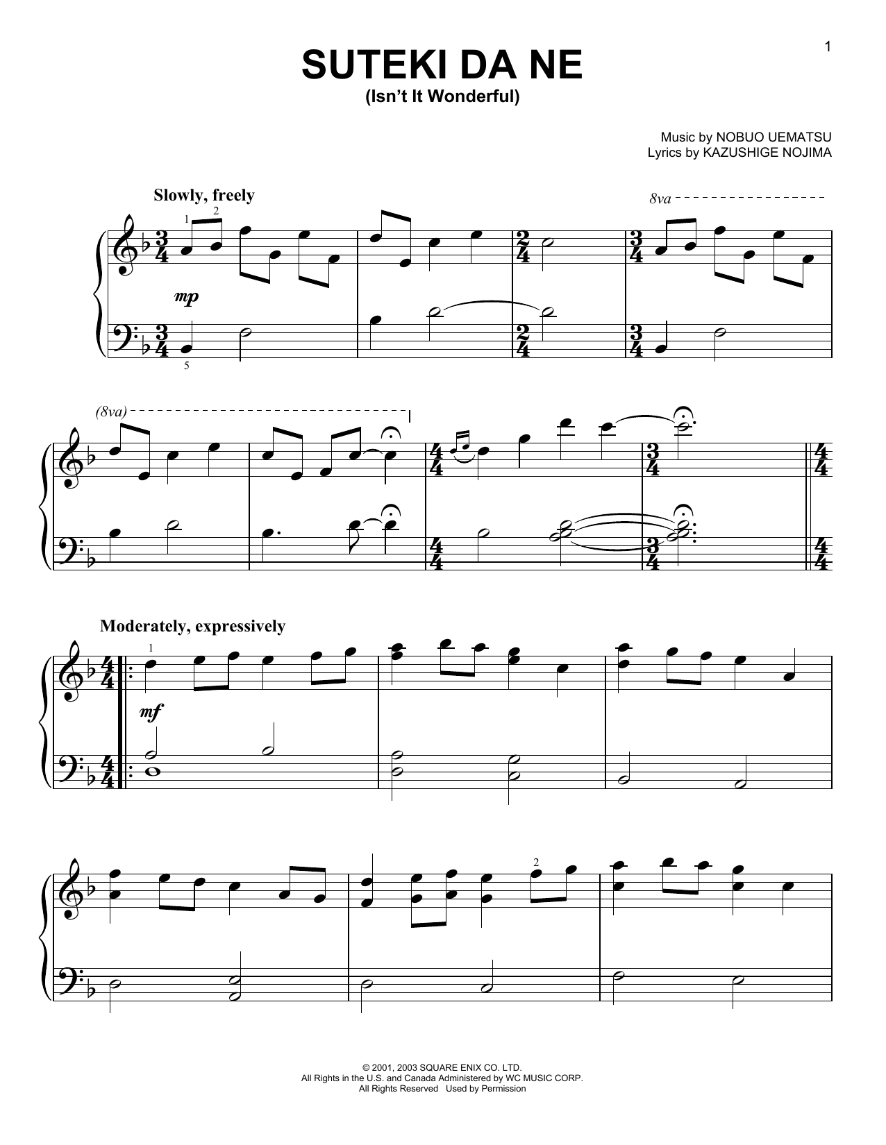 Nobuo Uematsu Suteki Da Ne (Isn't It Wonderful) (from Final Fantasy X) sheet music notes and chords arranged for Easy Piano
