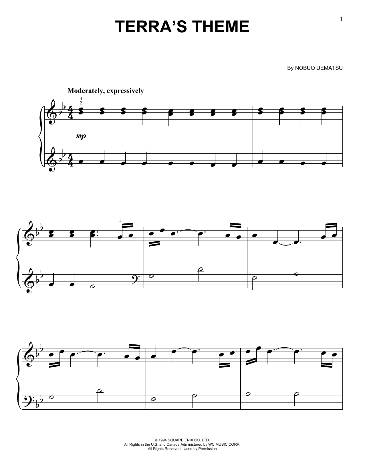 Nobuo Uematsu Terra's Theme (from Final Fantasy VI) sheet music notes and chords arranged for Easy Piano