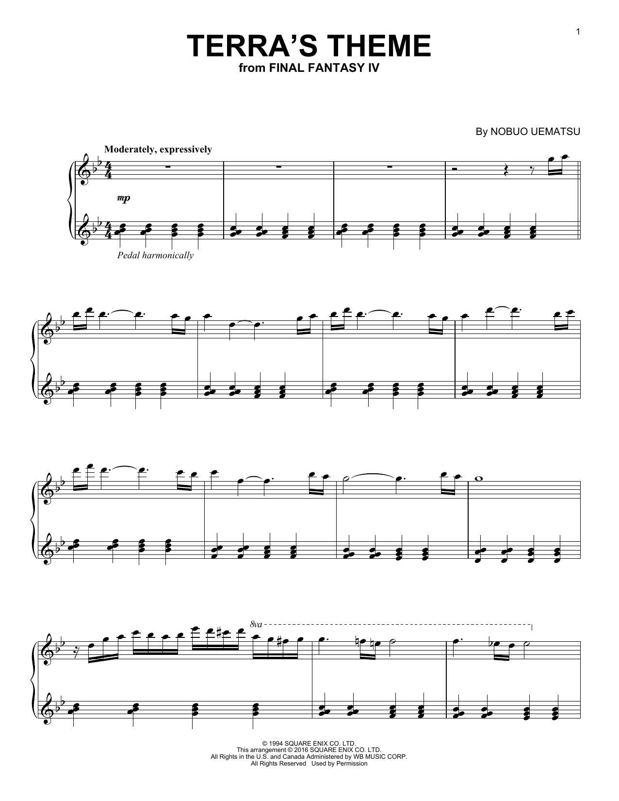 Nobuo Uematsu Terra's Theme sheet music notes and chords arranged for Piano Solo