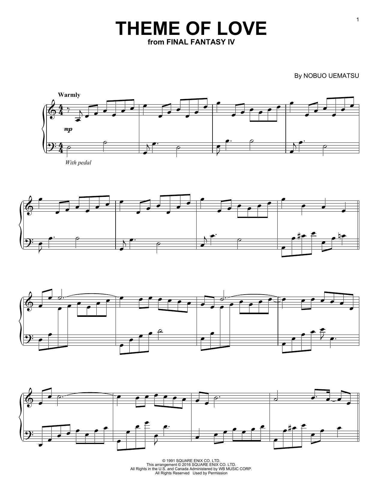 Nobuo Uematsu Theme Of Love (from Final Fantasy IV) sheet music notes and chords arranged for Easy Piano