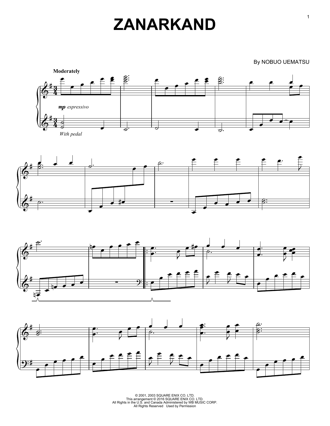 Nobuo Uematsu Zanarkand (from Final Fantasy X) sheet music notes and chords arranged for Easy Piano