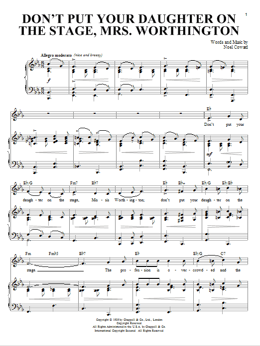 Noel Coward Don't Put Your Daughter On The Stage, Mrs. Worthington sheet music notes and chords arranged for Piano & Vocal