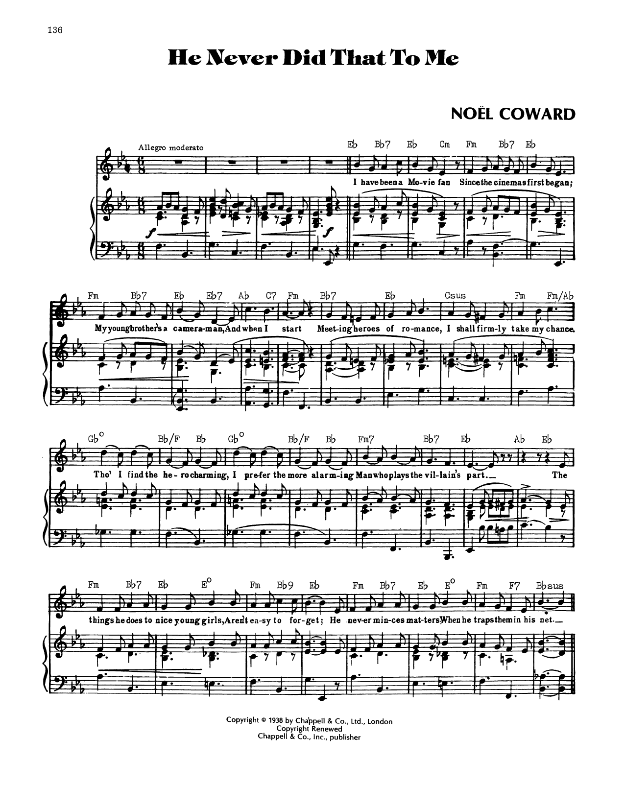 Noel Coward He Never Did That To Me sheet music notes and chords arranged for Piano, Vocal & Guitar Chords (Right-Hand Melody)