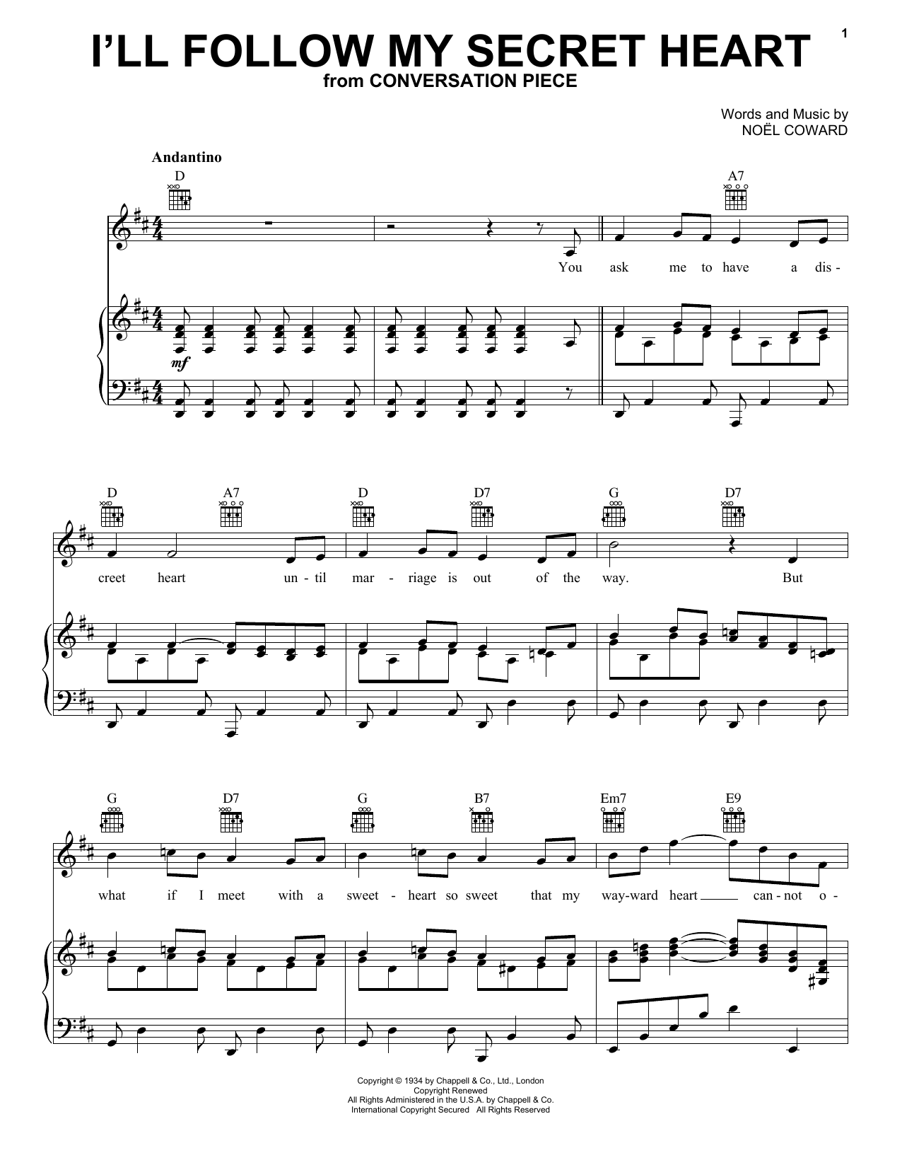 Noel Coward I'll Follow My Secret Heart sheet music notes and chords arranged for Piano, Vocal & Guitar Chords (Right-Hand Melody)