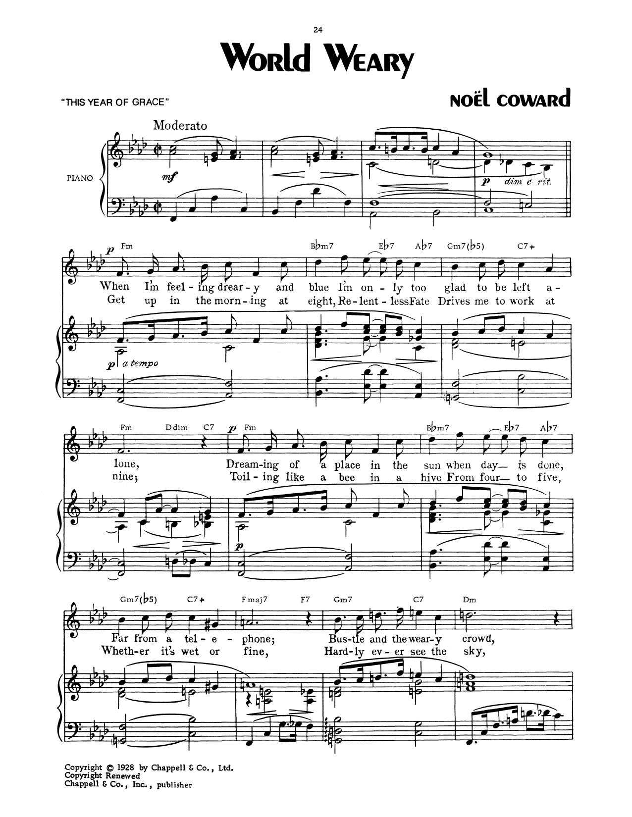 Noel Coward World Weary sheet music notes and chords arranged for Piano, Vocal & Guitar Chords (Right-Hand Melody)