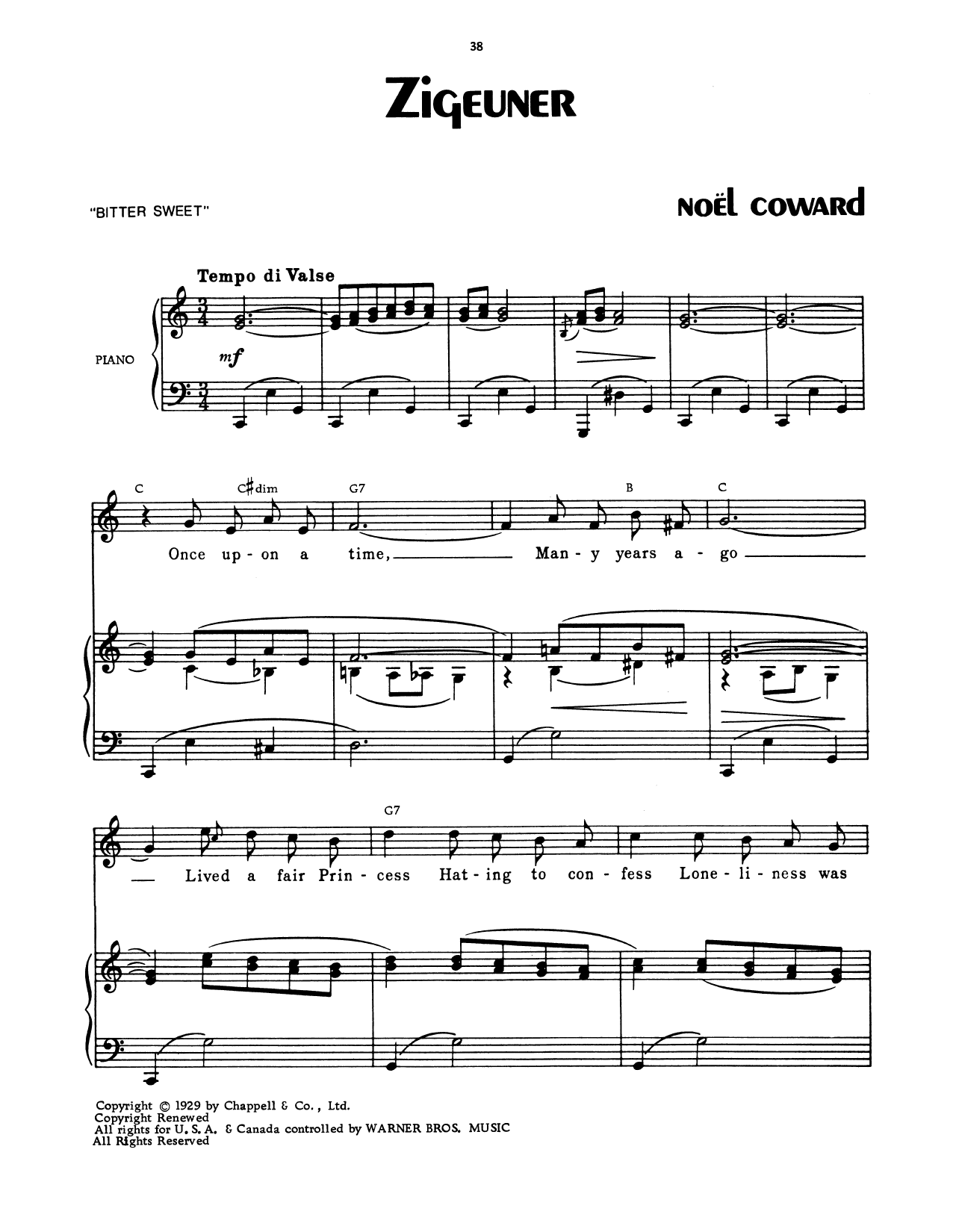 Noel Coward Zigeuner sheet music notes and chords arranged for Real Book – Melody & Chords