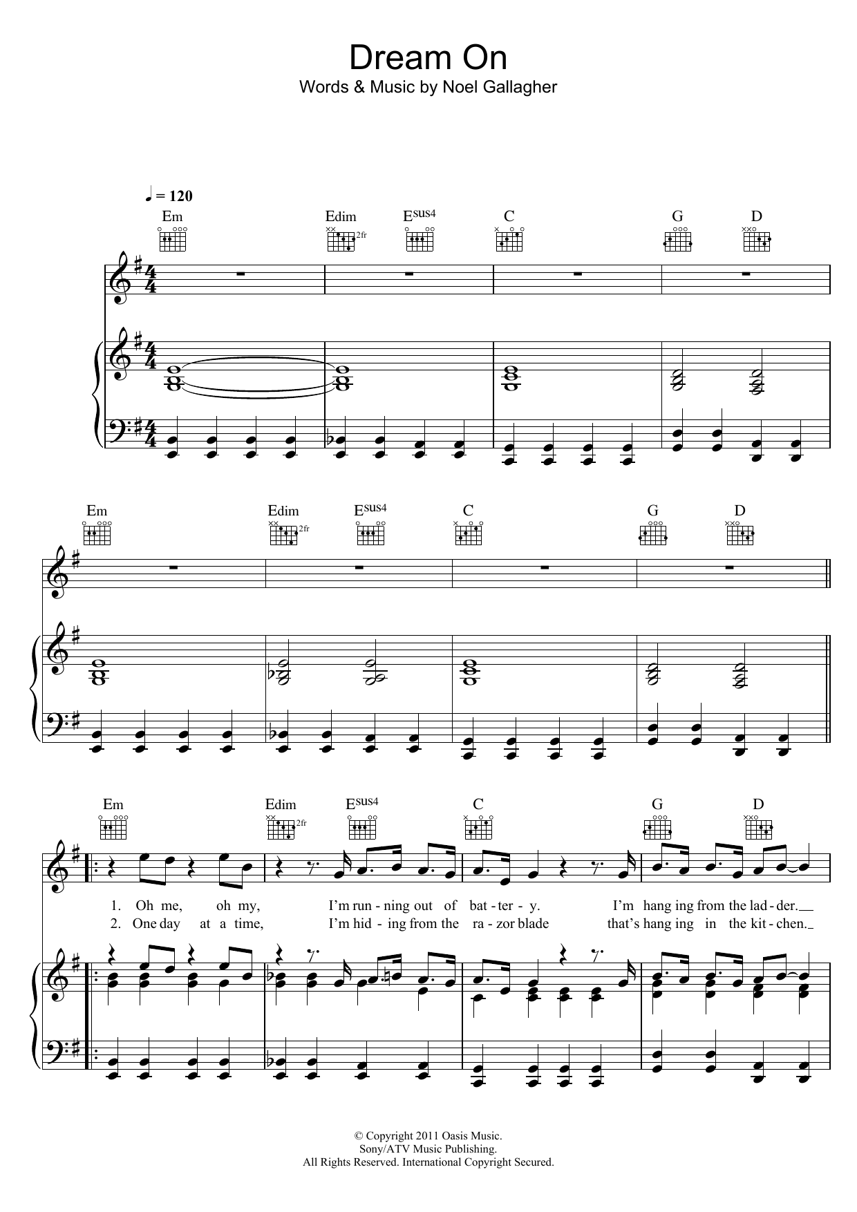 Noel Gallagher Dream On sheet music notes and chords arranged for Piano, Vocal & Guitar Chords
