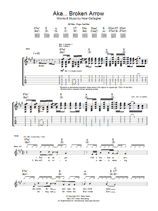 Noel Gallagher's High Flying Birds AKA... Broken Arrow sheet music notes and chords arranged for Guitar Tab