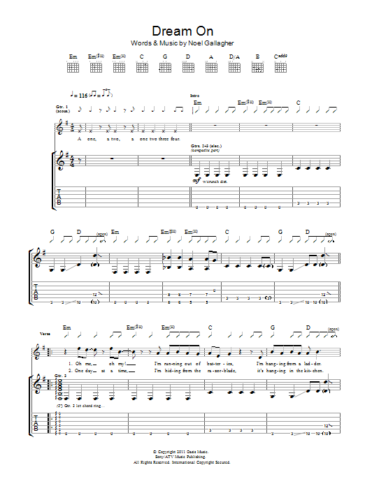 Noel Gallagher's High Flying Birds Dream On sheet music notes and chords arranged for Guitar Tab