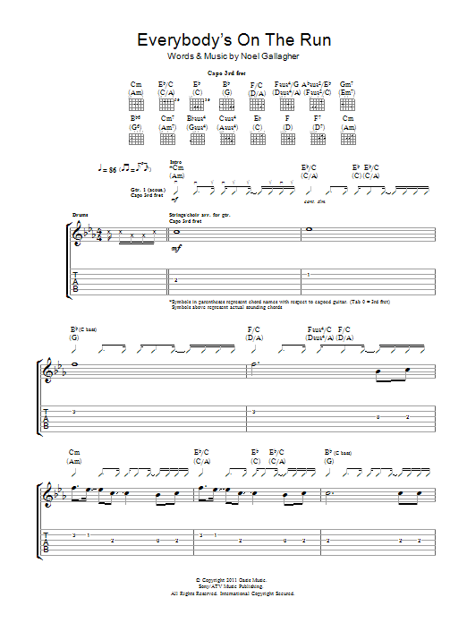 Noel Gallagher's High Flying Birds Everybody's On The Run sheet music notes and chords arranged for Guitar Tab