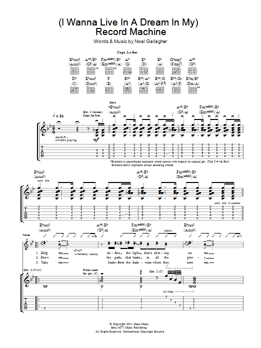 Noel Gallagher's High Flying Birds (I Wanna Live In A Dream In My) Record Machine sheet music notes and chords arranged for Guitar Tab