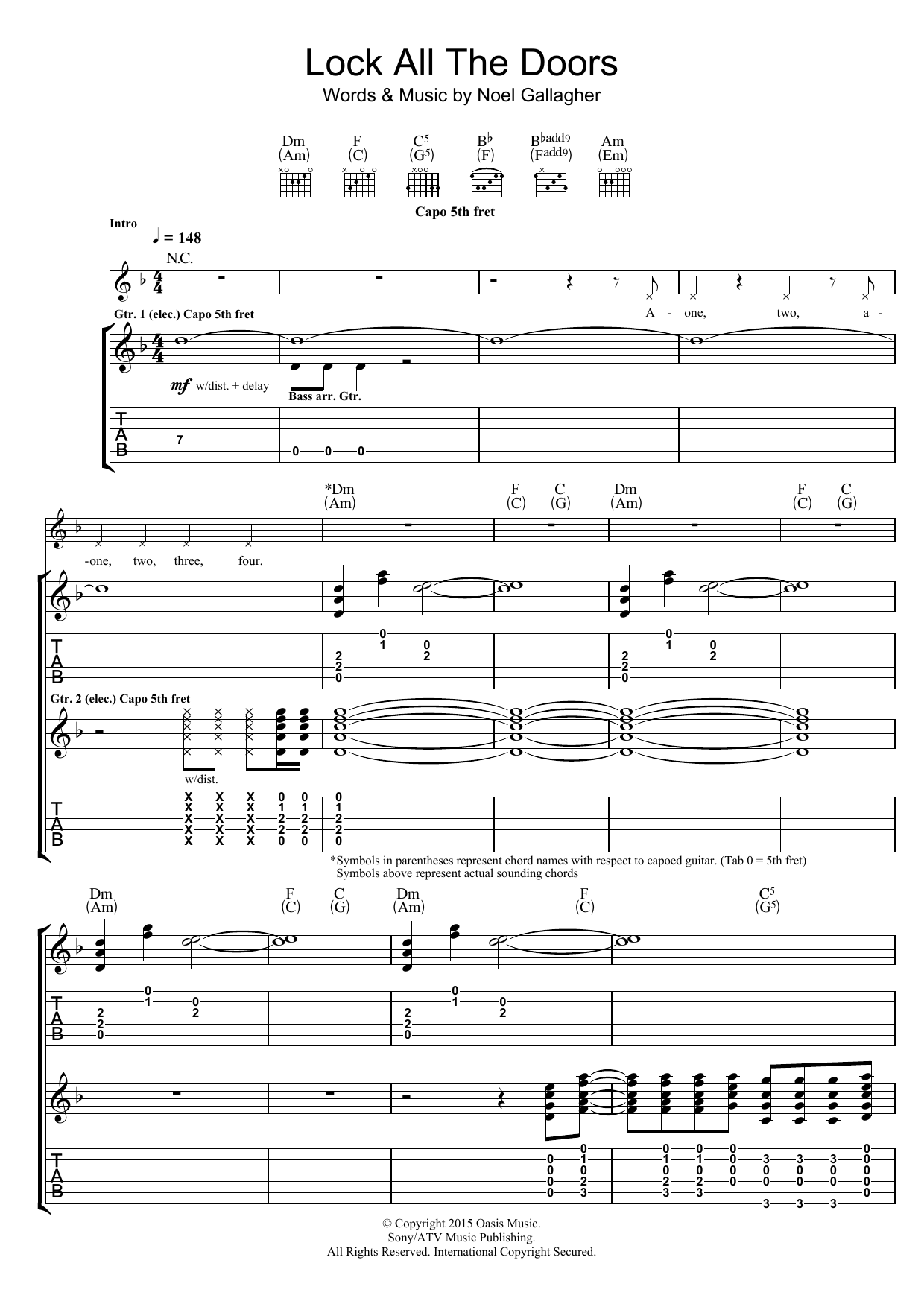 Noel Gallagher's High Flying Birds Lock All The Doors sheet music notes and chords arranged for Guitar Tab