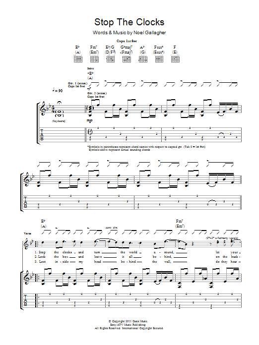 Noel Gallagher's High Flying Birds Stop The Clocks sheet music notes and chords arranged for Guitar Tab