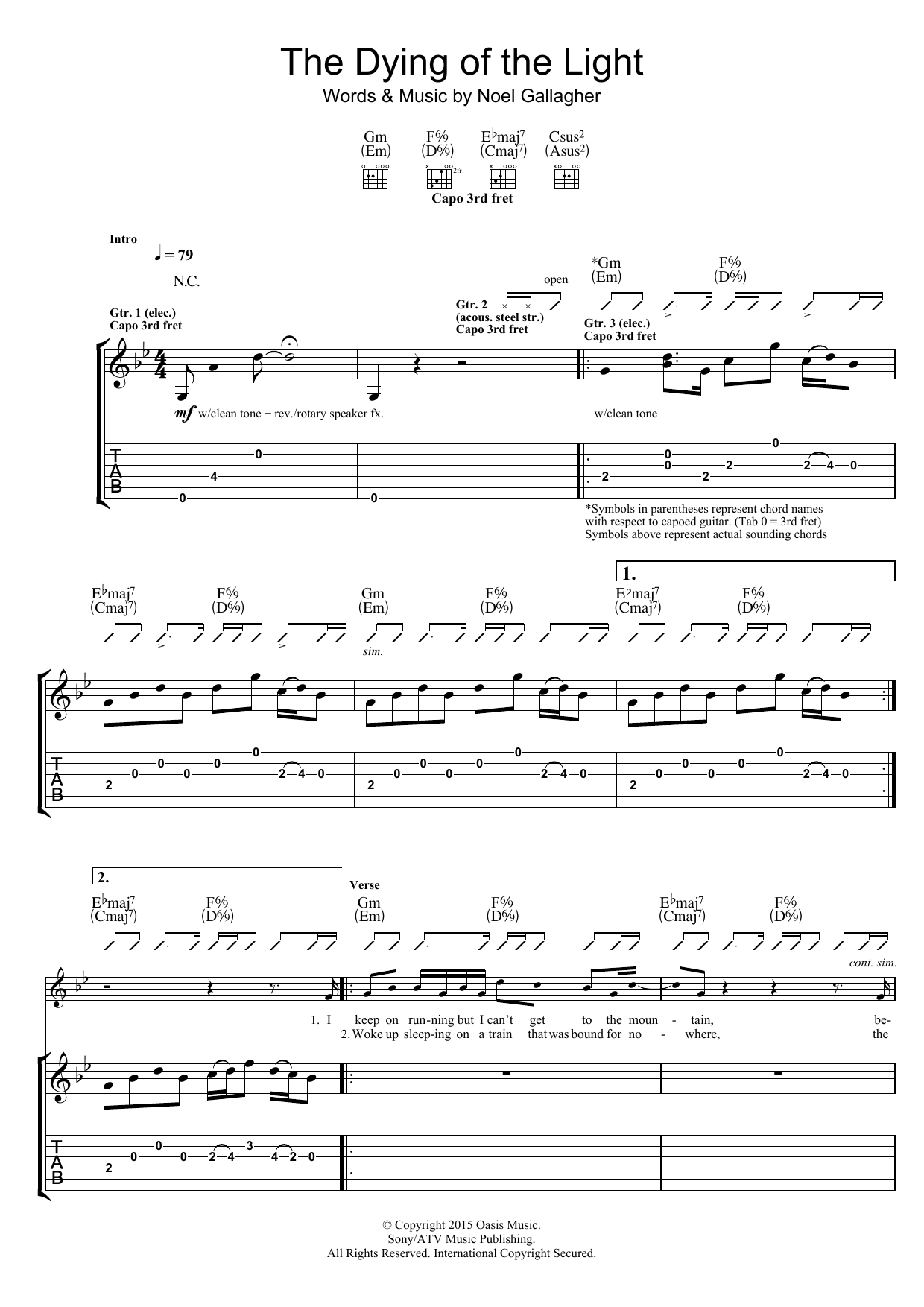 Noel Gallagher's High Flying Birds The Dying Of The Light sheet music notes and chords arranged for Guitar Tab