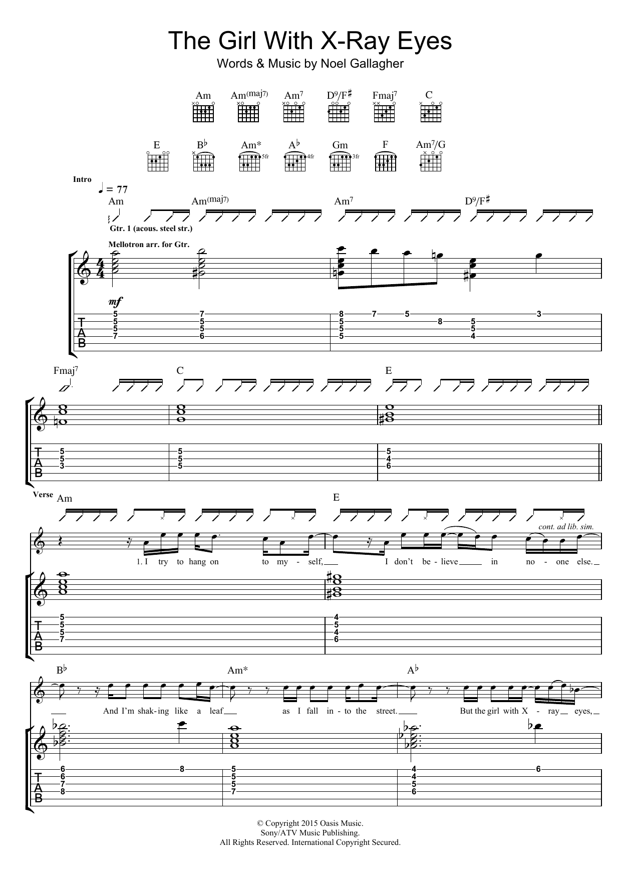 Noel Gallagher's High Flying Birds The Girl With X-Ray Eyes sheet music notes and chords arranged for Guitar Tab