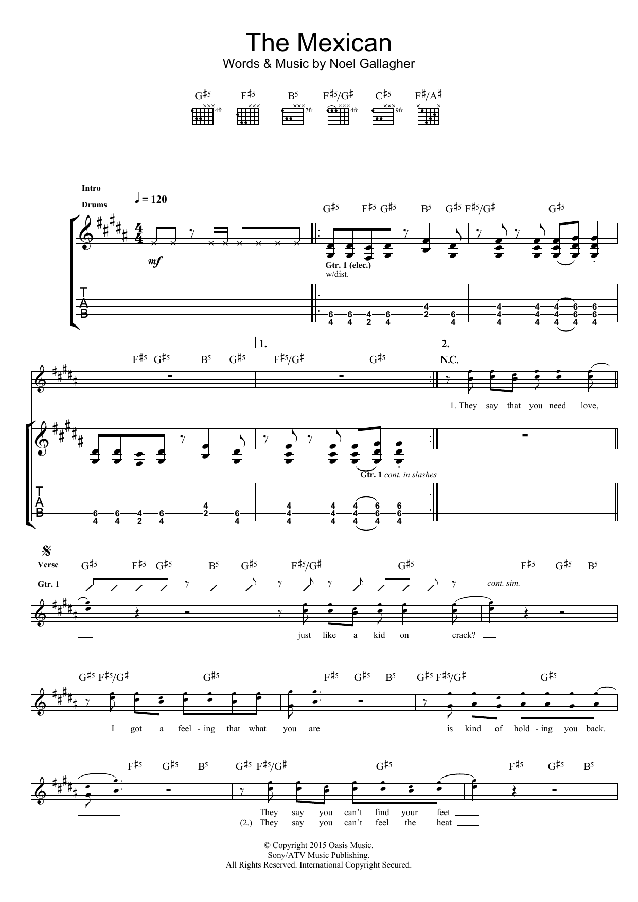 Noel Gallagher's High Flying Birds The Mexican sheet music notes and chords arranged for Guitar Tab