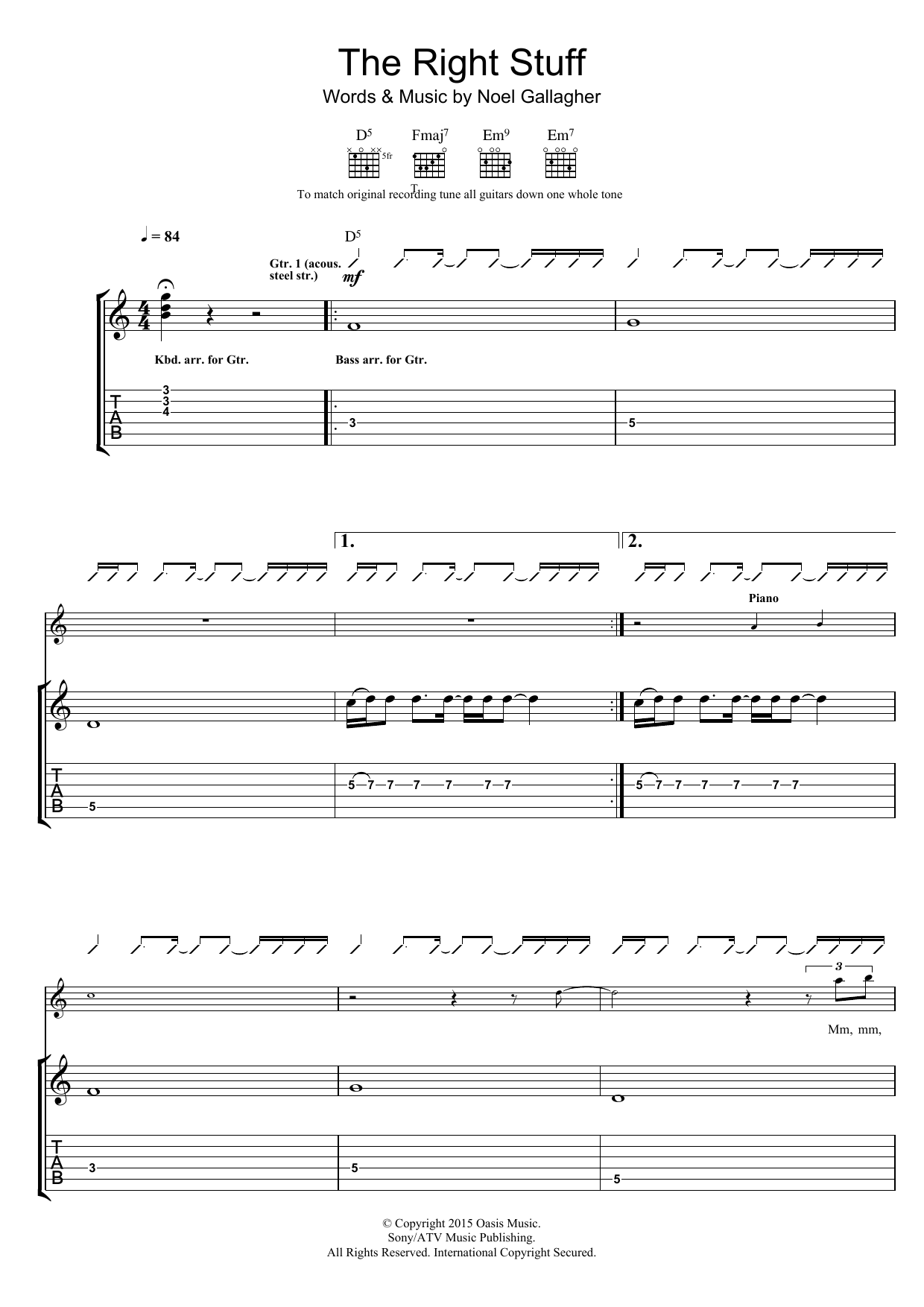 Noel Gallagher's High Flying Birds The Right Stuff sheet music notes and chords arranged for Guitar Tab
