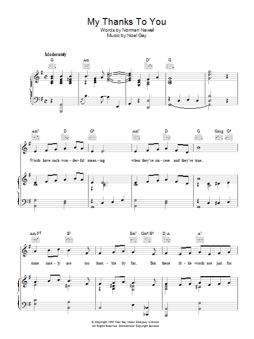 Noel Gay My Thanks To You sheet music notes and chords arranged for Piano, Vocal & Guitar Chords