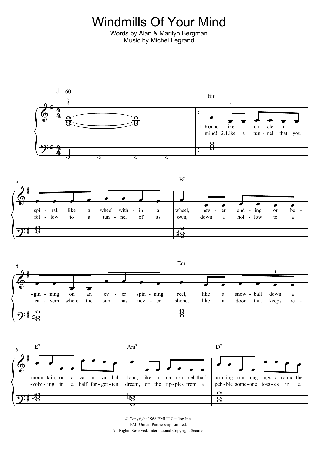 Noel Harrison The Windmills Of Your Mind sheet music notes and chords arranged for Easy Piano