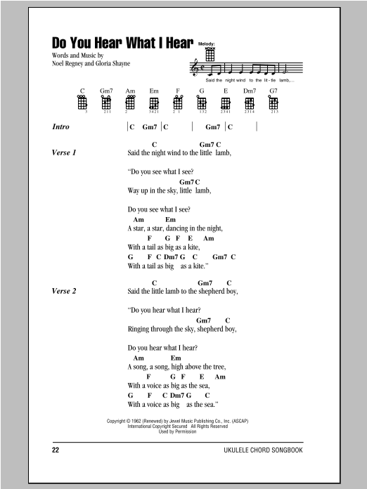 Noel Regney Do You Hear What I Hear sheet music notes and chords arranged for Easy Ukulele Tab