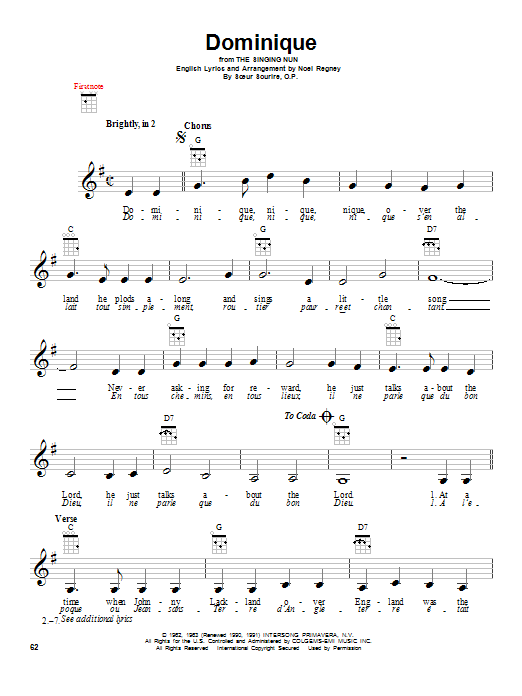 Noel Regney Dominique (from The Singing Nun) sheet music notes and chords arranged for Ukulele