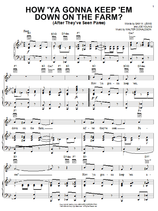 Nora Bayes How 'Ya Gonna Keep 'em Down On The Farm? (After They've Seen Paree) sheet music notes and chords arranged for Piano, Vocal & Guitar Chords (Right-Hand Melody)