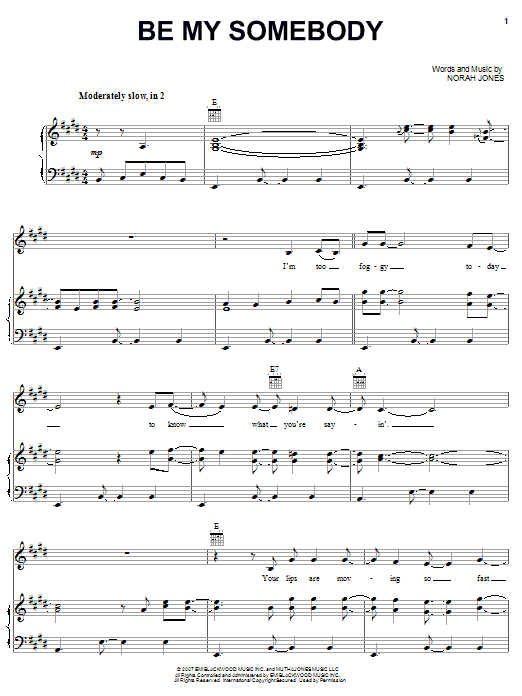 Norah Jones Be My Somebody sheet music notes and chords arranged for Piano, Vocal & Guitar Chords (Right-Hand Melody)