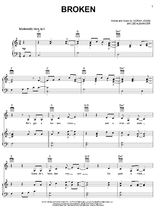 Norah Jones Broken sheet music notes and chords arranged for Piano, Vocal & Guitar Chords (Right-Hand Melody)