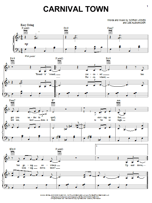 Norah Jones Carnival Town sheet music notes and chords arranged for Piano, Vocal & Guitar Chords (Right-Hand Melody)