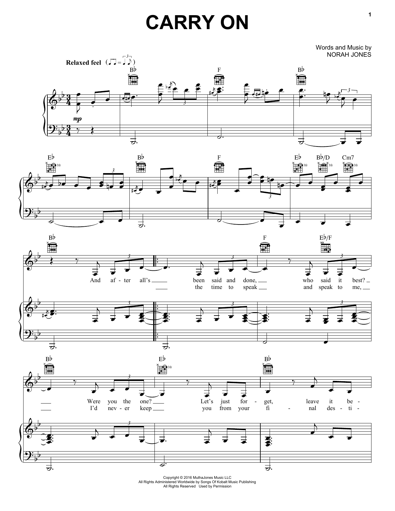 Norah Jones Carry On sheet music notes and chords arranged for Piano, Vocal & Guitar Chords (Right-Hand Melody)