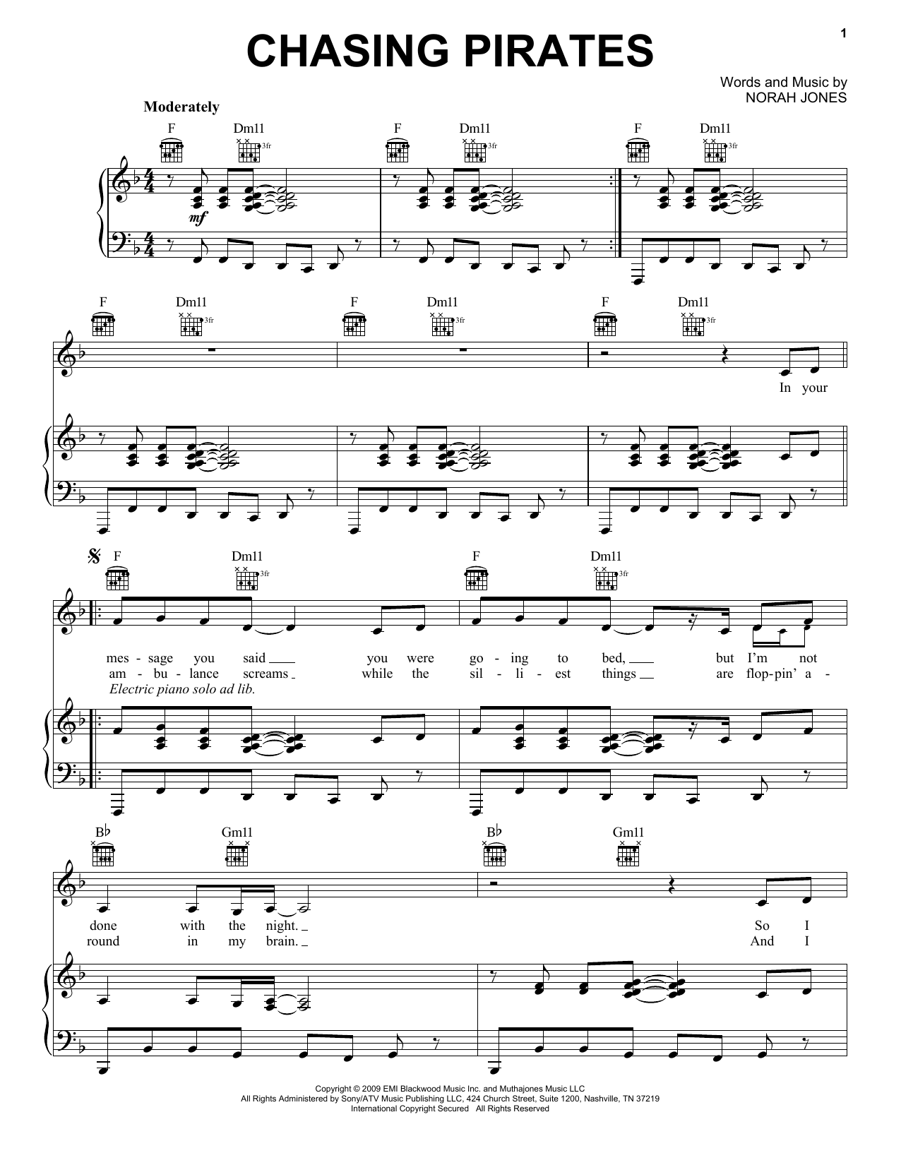 Norah Jones Chasing Pirates sheet music notes and chords arranged for Piano, Vocal & Guitar Chords (Right-Hand Melody)