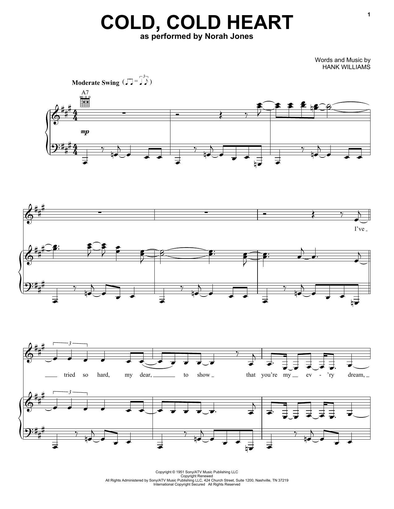 Norah Jones Cold, Cold Heart sheet music notes and chords arranged for Piano, Vocal & Guitar Chords