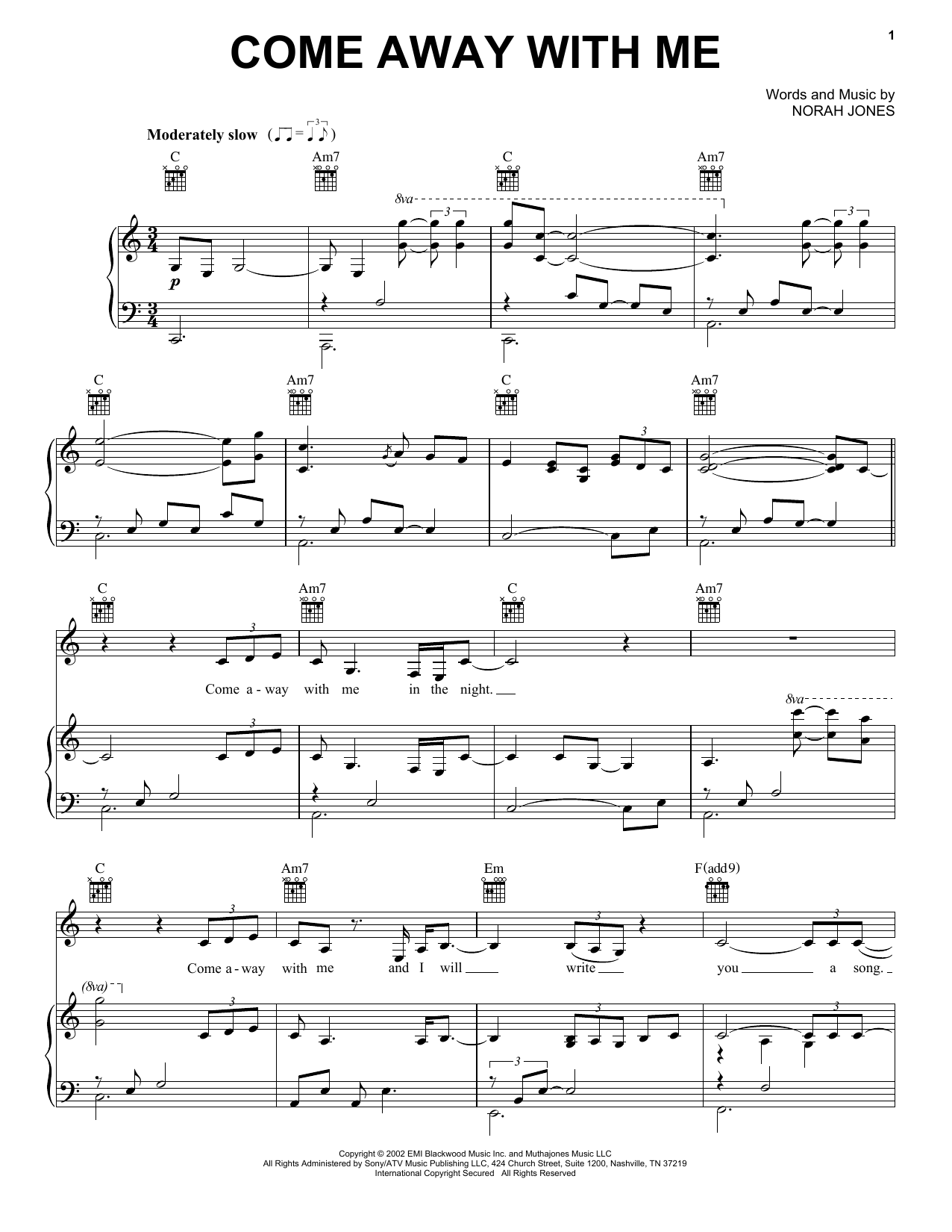Norah Jones Come Away With Me sheet music notes and chords arranged for Piano, Vocal & Guitar Chords