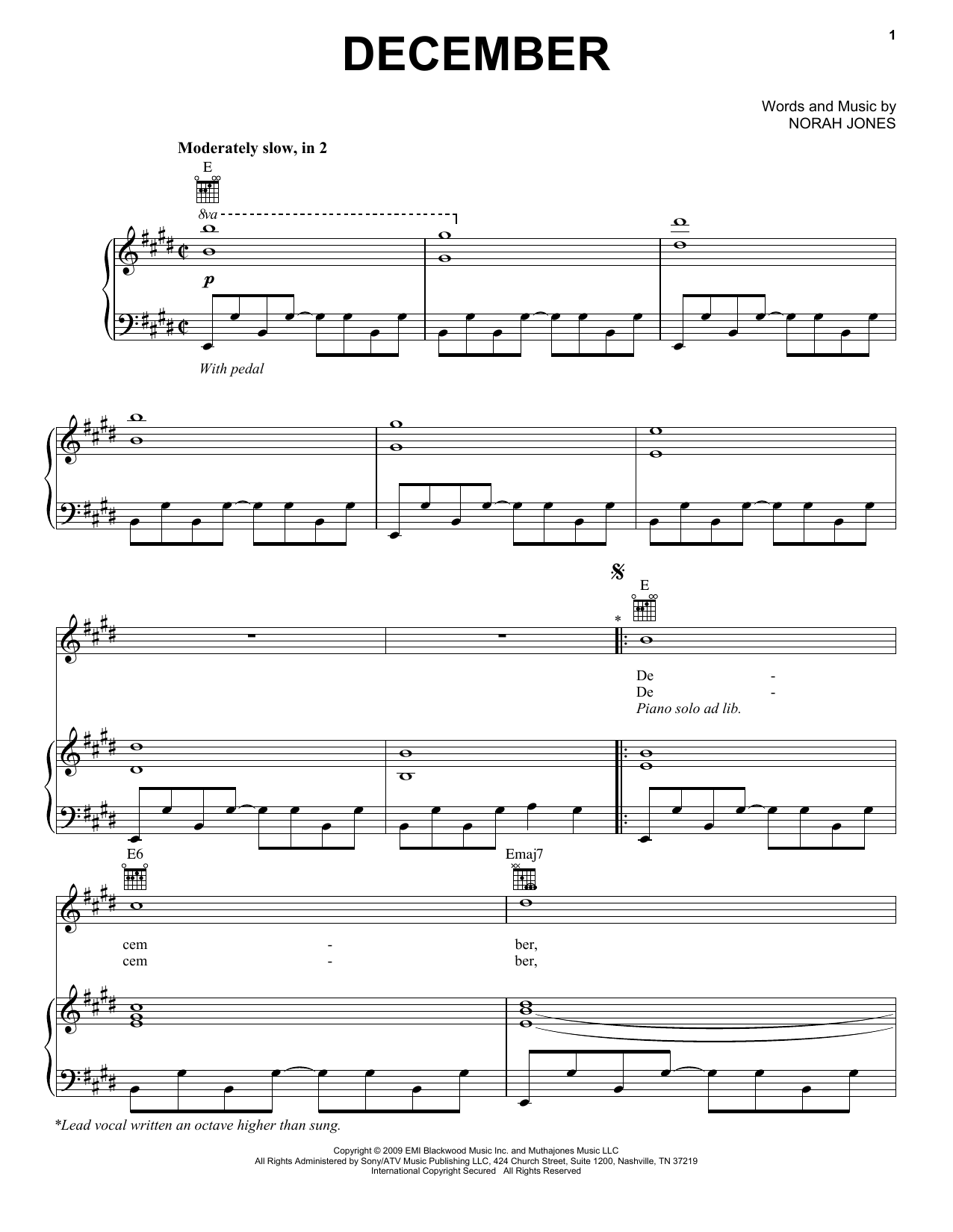 Norah Jones December sheet music notes and chords arranged for Piano, Vocal & Guitar Chords (Right-Hand Melody)