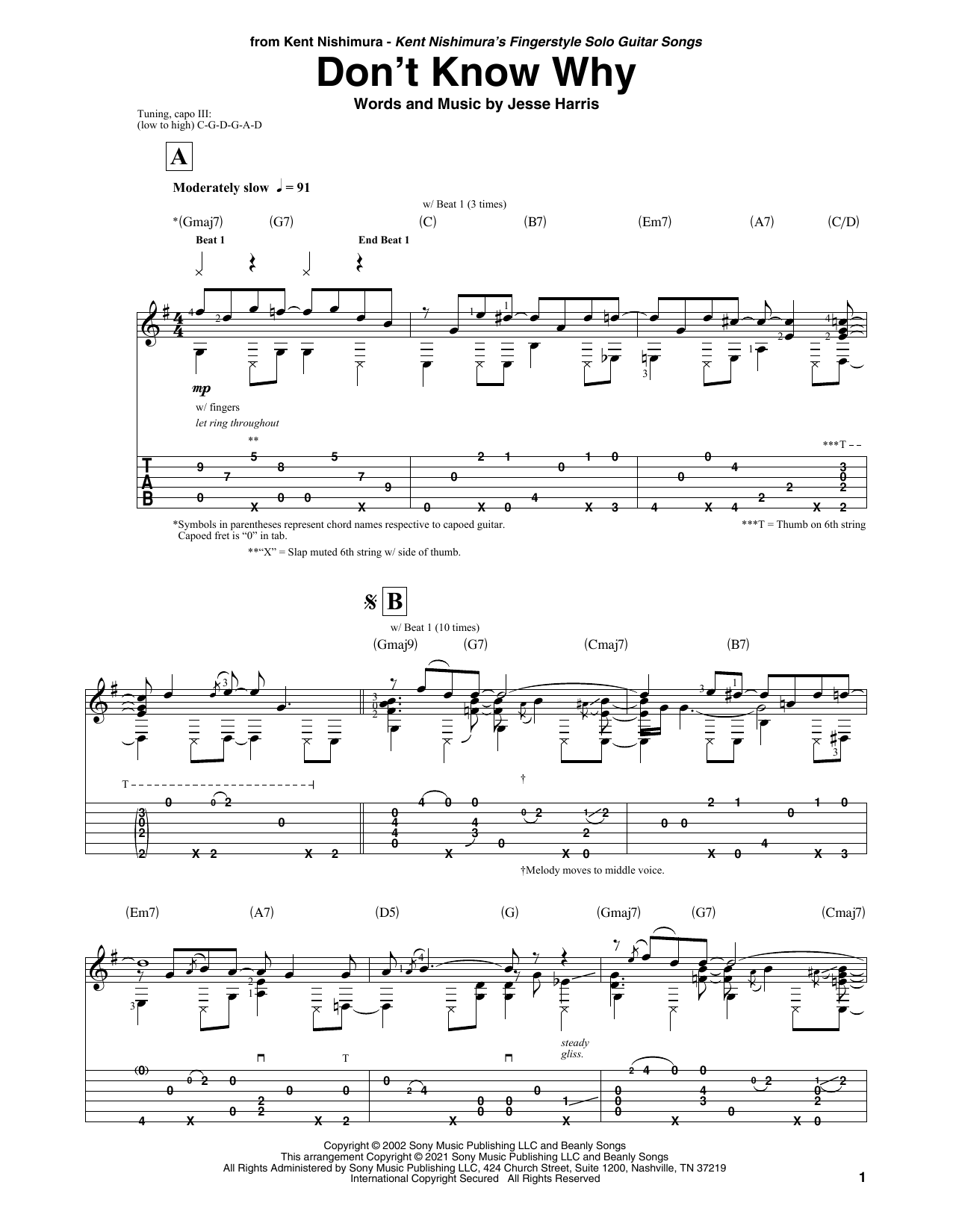 Norah Jones Don't Know Why (arr. Kent Nishimura) sheet music notes and chords arranged for Solo Guitar