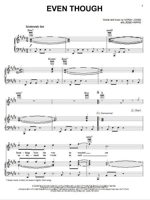 Norah Jones Even Though sheet music notes and chords arranged for Piano, Vocal & Guitar Chords (Right-Hand Melody)