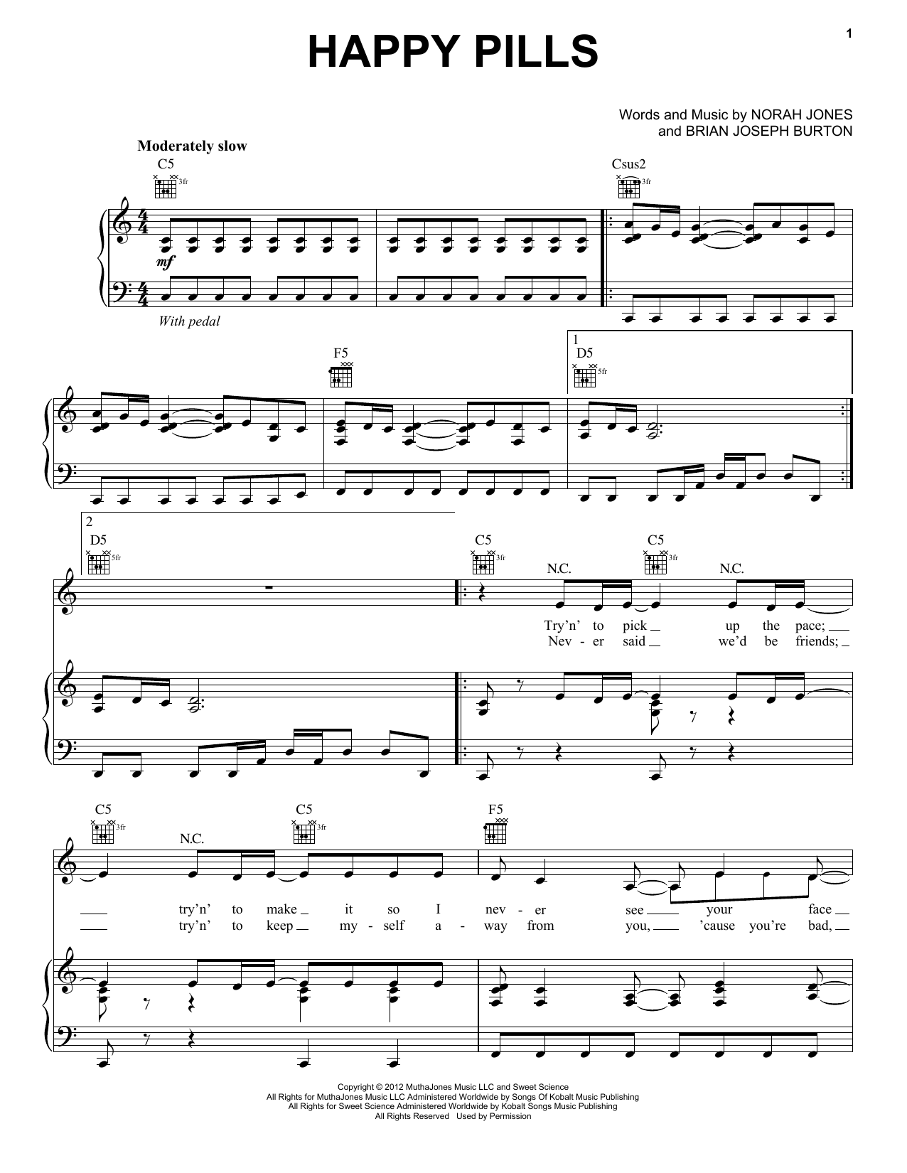 Norah Jones Happy Pills sheet music notes and chords arranged for Piano, Vocal & Guitar Chords