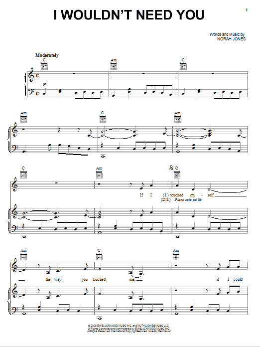 Norah Jones I Wouldn't Need You sheet music notes and chords arranged for Piano, Vocal & Guitar Chords (Right-Hand Melody)
