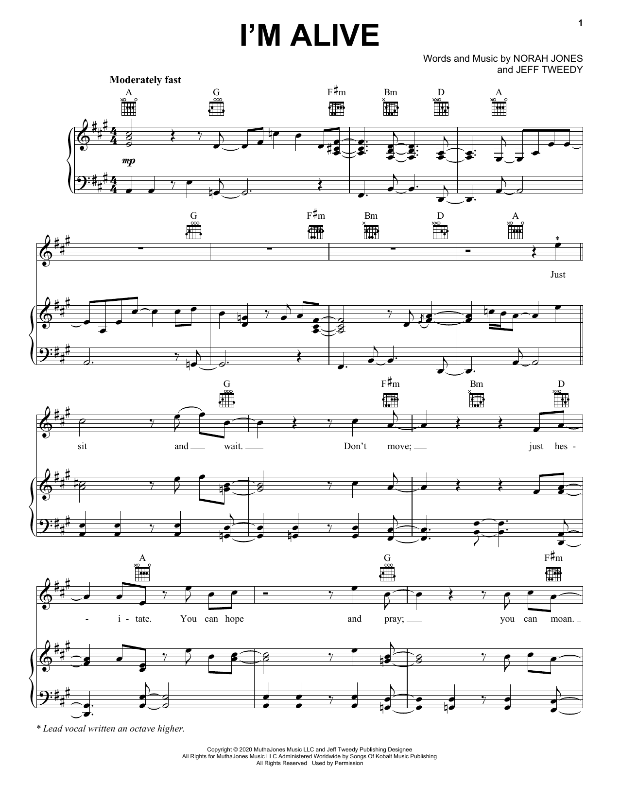 Norah Jones I'm Alive sheet music notes and chords arranged for Piano, Vocal & Guitar Chords (Right-Hand Melody)