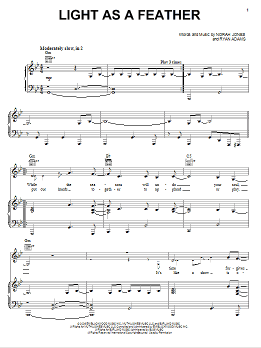 Norah Jones Light As A Feather sheet music notes and chords arranged for Piano, Vocal & Guitar Chords (Right-Hand Melody)
