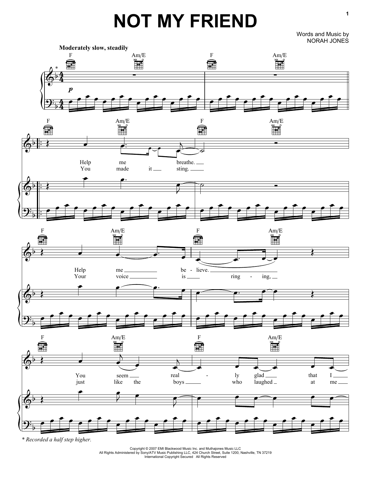 Norah Jones Not My Friend sheet music notes and chords arranged for Piano, Vocal & Guitar Chords (Right-Hand Melody)