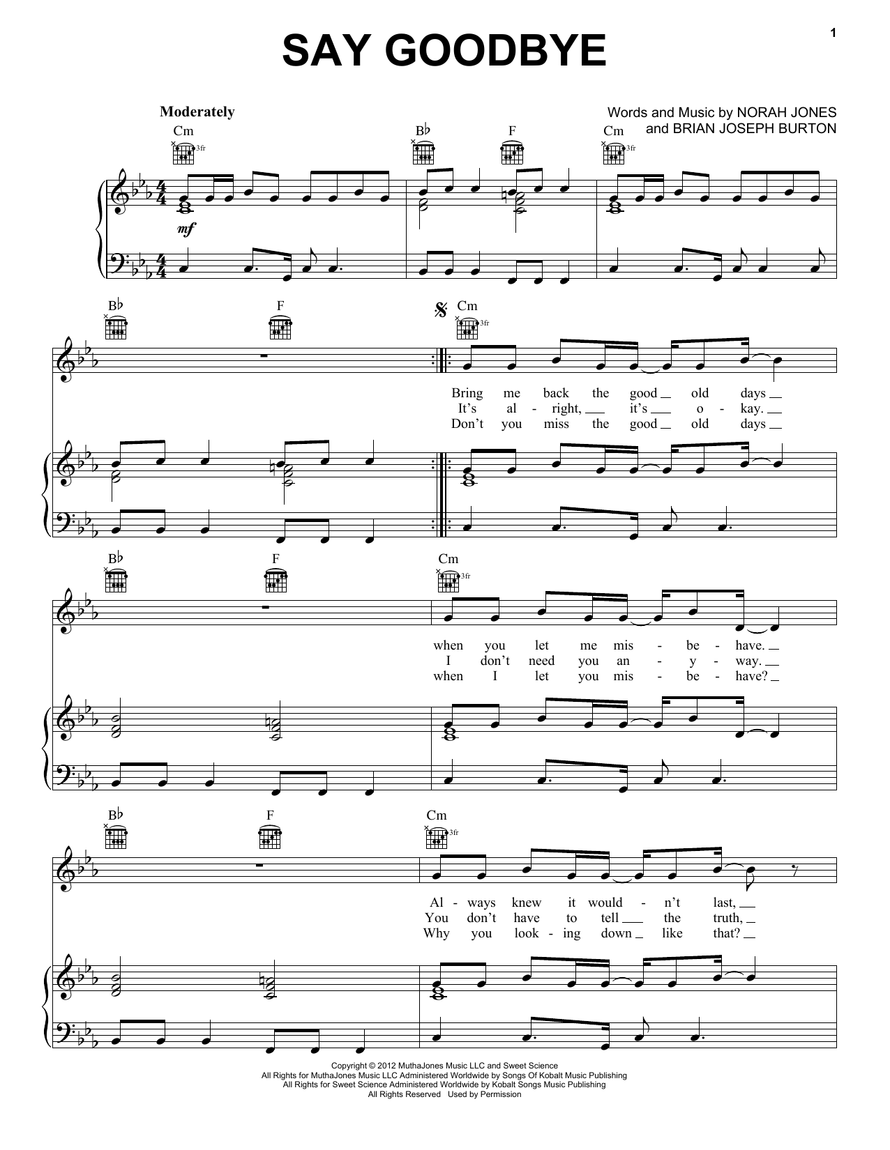 Norah Jones Say Goodbye sheet music notes and chords arranged for Piano, Vocal & Guitar Chords
