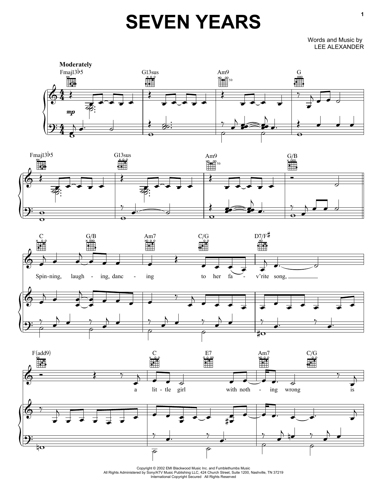 Norah Jones Seven Years sheet music notes and chords arranged for Piano, Vocal & Guitar Chords (Right-Hand Melody)