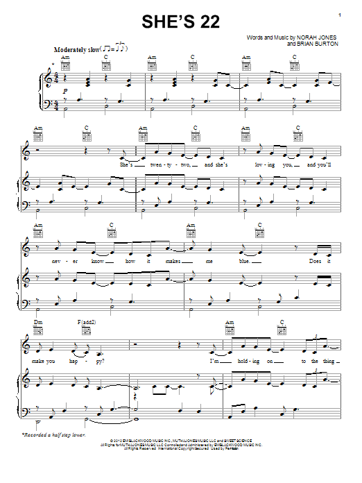 Norah Jones She's 22 sheet music notes and chords arranged for Piano, Vocal & Guitar Chords (Right-Hand Melody)