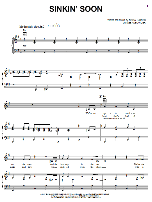 Norah Jones Sinkin' Soon sheet music notes and chords arranged for Piano, Vocal & Guitar Chords (Right-Hand Melody)