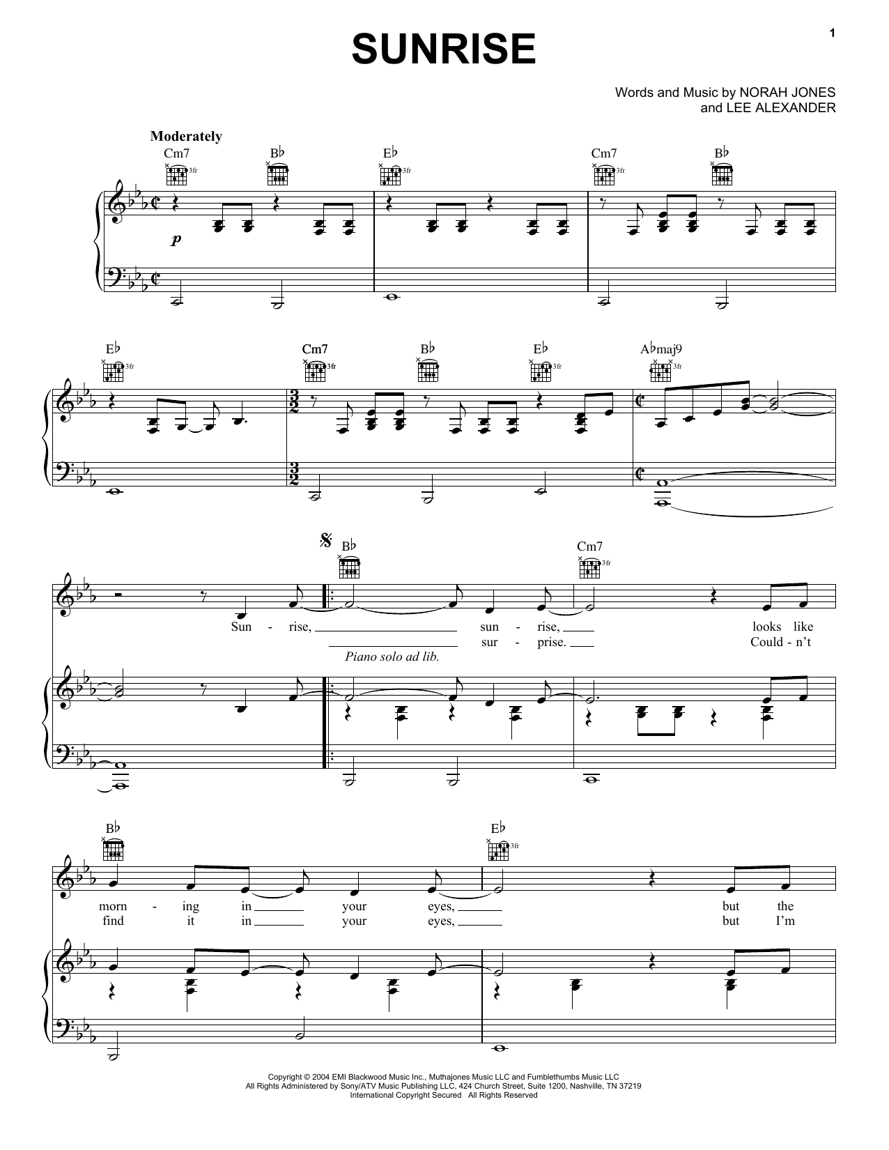 Norah Jones Sunrise sheet music notes and chords arranged for Pro Vocal