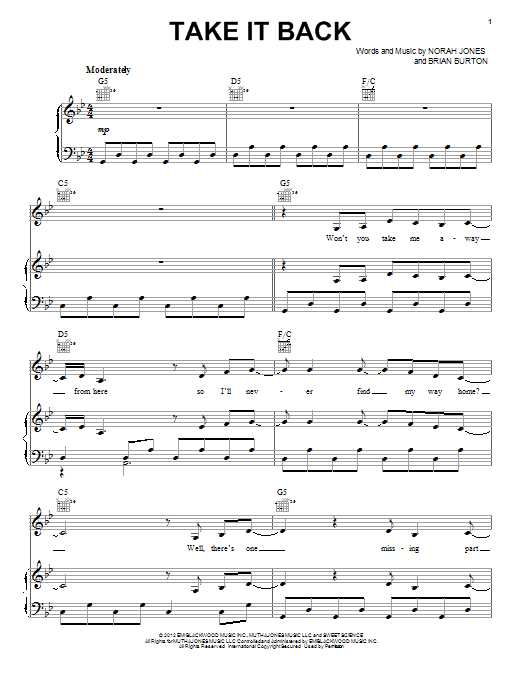 Norah Jones Take It Back sheet music notes and chords arranged for Piano, Vocal & Guitar Chords (Right-Hand Melody)