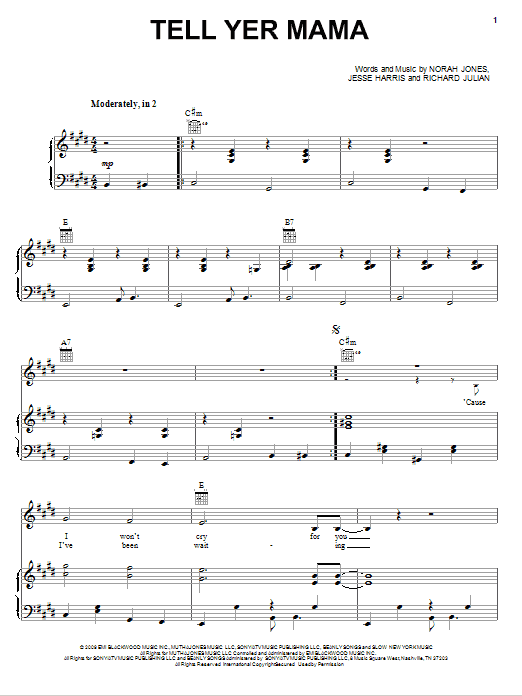 Norah Jones Tell Yer Mama sheet music notes and chords arranged for Piano, Vocal & Guitar Chords (Right-Hand Melody)