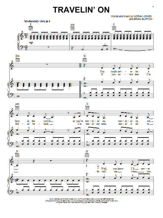 Norah Jones Travelin' On sheet music notes and chords arranged for Piano, Vocal & Guitar Chords (Right-Hand Melody)